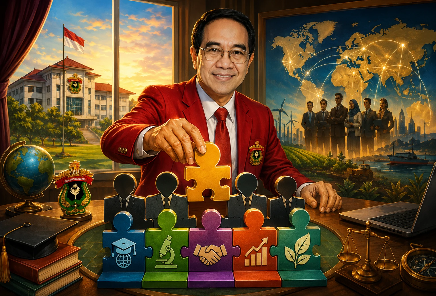 Ilustrasi Prof. JJ menyusun kabinet baru demi mempercepat transformasi Unhas menuju universitas berkelas dunia berkelanjutan. (Ilustrasi: ChatGPT).